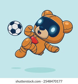 Playful robot bear kicking a soccer ball mid-air ,vector illustration.