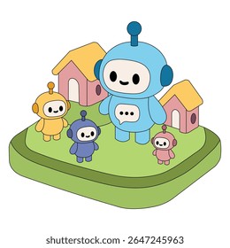 Playful Robot Family in Colorful Houses Vector.