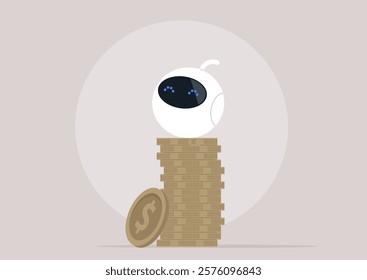 A playful robot perches confidently on a tower of golden coins, symbolizing the intersection of technology and wealth in a minimalist, imaginative environment filled with modern design elements