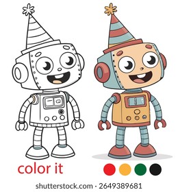 Playful Robots Party Coloring Page – Two Quirky Cartoon Robots Wearing Party Hats – Fun and Unique Kids Activity Printable