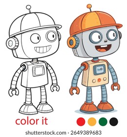 Playful Robots Party Coloring Page – Two Quirky Cartoon Robots Wearing Party Hats – Fun and Unique Kids Activity Printable