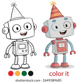 Playful Robots Party Coloring Page – Two Quirky Cartoon Robots Wearing Party Hats – Fun and Unique Kids Activity Printable