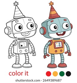 Playful Robots Party Coloring Page – Two Quirky Cartoon Robots Wearing Party Hats – Fun and Unique Kids Activity Printable