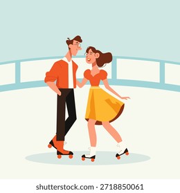 Cita de patinaje sobre ruedas en una pista retro, pareja activa disfrutando de diversión, fitness y ocio nostálgico juntos, haciendo recuerdos, lazos y romance a través del movimiento y el deporte en el fin de semana