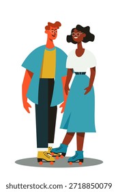 Cita de patinaje sobre ruedas en una pista retro, pareja activa disfrutando de diversión, fitness y ocio nostálgico juntos, construyendo recuerdos, lazos y romance a través del movimiento y el deporte en el fin de semana