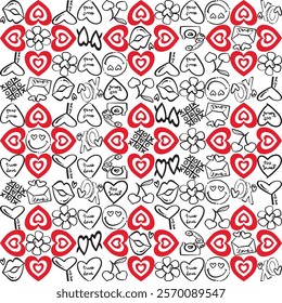 A playful, romantic seamless pattern with hand-drawn hearts, kisses, and love icons in red and black. Perfect for Valentine’s Day designs, cards, and gifts.