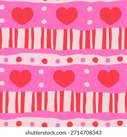 Verspieltes romantisches nahtloses Muster mit Herzen und Streifen. Trendy Minimal Love Hintergrund mit handgezeichneten gestreiften Textur Punkte und gewellten Linien in Collage-Stil. Kurvige abstrakte Vektorgrafik