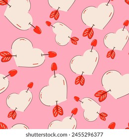 A playful and romantic seamless pattern with white hearts pierced by red arrows. Vibrant pink backdrop. Hand drawn doodle style. Love concept and St. Valentine's Day.