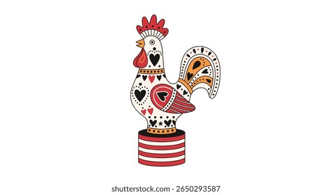 Playful Rooster Statue Exuding Folk Art Charm with Bold Patterns and Vibrant Colors