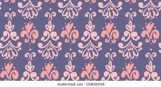 Playful rosy and violet classic curls seamless pattern for background, fabric, textile, wrap, surface, web and print design. French inspired hand drawn sketch curves baroque rapport. 