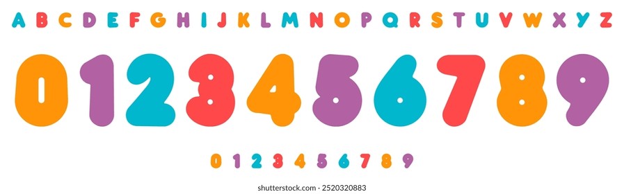 Playful rounded font, bold colors, fun engaging design for child products, toy packaging, educational materials, kid sports branding, jersey numbers, team merchandise. Vector typeset