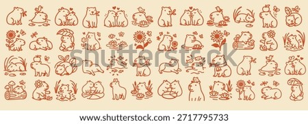 Playful row of capybara doodle icons shows couples, friends, and solo animals interacting with flowers, birds, and ponds in simple line art style, ideal for stationery, social media headers, and kawaii branding, cheerful.