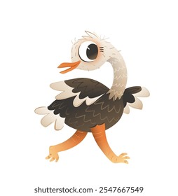 Playful running baby ostrich character. Cute African ostrich bird, colorful cartoon for kids. Walking and smiling animal illustration for children. Vector animals character design isolated clip art.