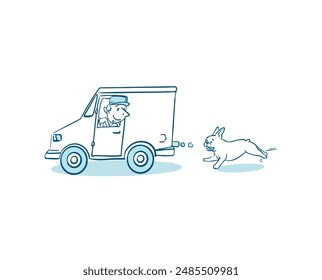 Playful running pug-dog chases truck line color vector illustration