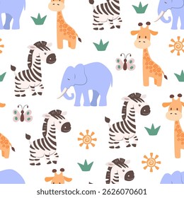 Speelse safari naadloos patroon met olifanten, zebra's, giraffen, vlinders, zon en gras op een witte achtergrond. Perfect voor kinderdecor, textiel, behang of projecten met een jungle-thema. 