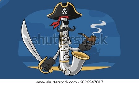 Playful saxophone character dressed as a pirate captain holds a sword and smokes a pipe on a sandy beach.