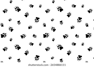 Playful scatter seamless pattern with lion pawprints in fill mode on a transparent background. Use for fabric, textile or wrapping