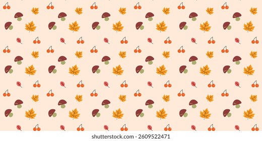 playful scatter seamless pattern with mushrooms, cherries and leaves