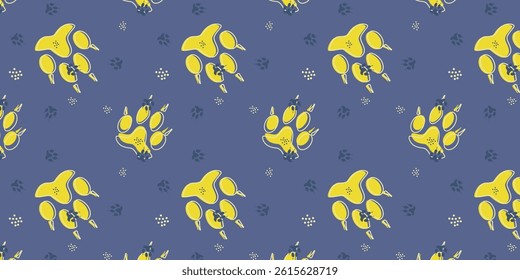 playful scatter seamless pattern with wolf footprints in multicolor for wrapping, textile, wallpaper and other. animal footprints background.