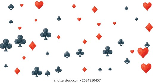 Playful scattering of watercolor card suits hearts, diamonds, spades, clubs on white, perfect for gaming, luck, or celebration designs.