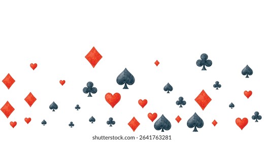 Playful scattering of watercolor card suits hearts, diamonds, spades, clubs on white, perfect for gaming, luck, or celebration designs.