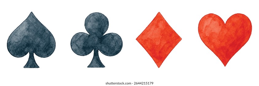 Playful scattering of watercolor card suits hearts, diamonds, spades, clubs on white, perfect for gaming, luck, or celebration designs