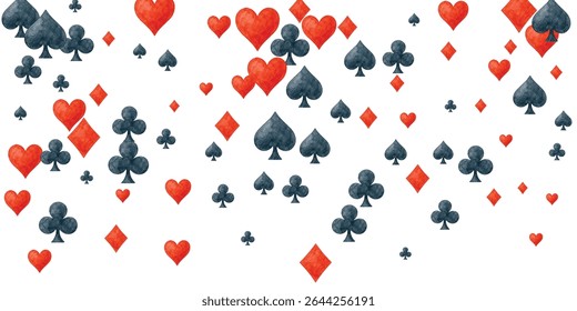 Playful scattering of watercolor card suits hearts, diamonds, spades, clubs on white, perfect for gaming, luck, or celebration designs.