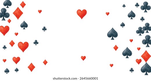 Dispersão divertida de cartão de aquarela combina corações, diamantes, espadas, paus em branco, perfeito para jogos, sorte ou projetos de celebração.
