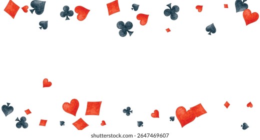 Playful scattering of watercolor card suits hearts, diamonds, spades, clubs on white, perfect for gaming, luck, or celebration designs.