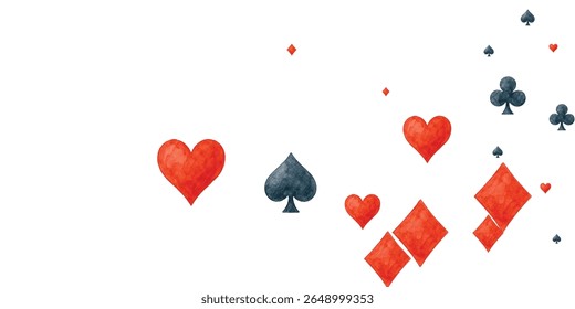 Dispersão divertida de cartão de aquarela combina corações, diamantes, espadas, paus em branco, perfeito para jogos, sorte ou projetos de celebração.