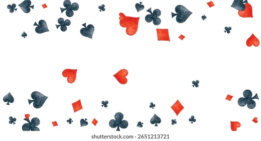 Playful scattering of watercolor card suits hearts, diamonds, spades, clubs on white, perfect for gaming, luck, or celebration designs.