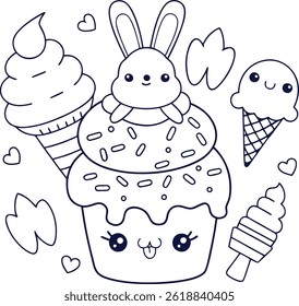 A playful scene of cute kawaii-style cupcake topped with a bunny, plus ice cream cones and floating hearts, all in a clean outline illustration.