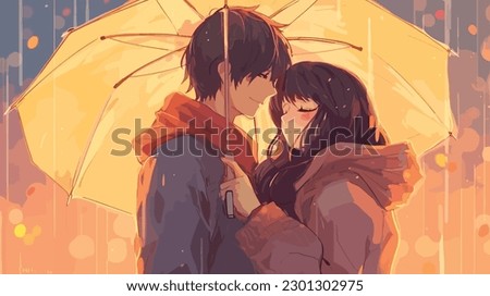 A playful scene of a love couple sharing an umbrella in the rain their faces filled with joy