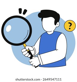 A playful scene showing a character holding a magnifying glass, representing curiosity, inquiry, and exploration.
