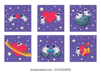 Playful Scene Of Space Explorers Exchanging Loving Symbols Against Vibrant Starry Universe Backdrop