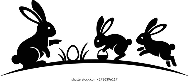 A playful scene of three black bunny silhouettes near an Easter egg with grass on a white background