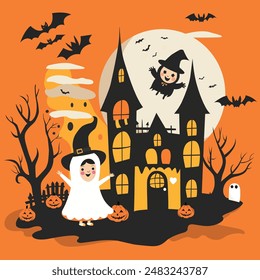 A playful scene unfolds in this flat vector illustration. A kooky haunted house, decorated with goofy grins and mismatched windows, beckons for spooky fun. Friendly ghosts peek out from playful window