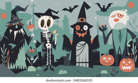 A playful scene unfolds in this flat vector illustration. A group of adorable monster friends, decked out in creative costumes, form a "spooky squad." 