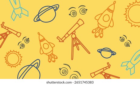 Ilustração lúdica da ciência com telescópios, planetas, foguetes e símbolos do sol em um fundo amarelo. Perfeito para materiais de aprendizagem e visuais com temas espaciais.