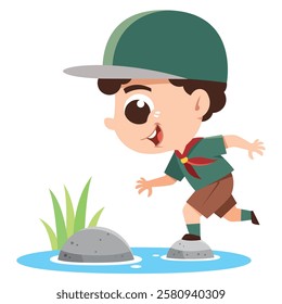 Playful Scout Jumping Across Rocks in Water