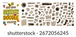 Playful scrapbook doodle set. Cute cutout elements for collage and zine design. Crayon drawn doodles, kid drawings on cutout paper. Torn craft paper shapes with funky scribbles. Vector naive art.