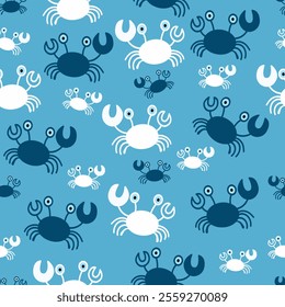 Playful Sea Crab Pattern on Blue BG.This seamless vector pattern features adorable cartoon-style crabs in shades of dark blue and white on a vibrant ocean blue background.