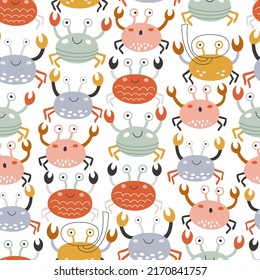 Playful sea crabs on a seamless pattern. Underwater vector animal doodle by hand drawn. Childish print for fabric or wrapper