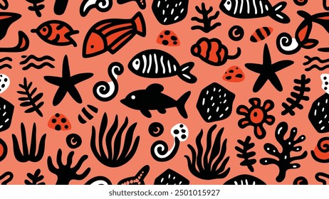 Playful sea creature line doodle seamless pattern. Nautical minimalist style art background for beachwear or ocean-themed designs with marine life. Relaxing underwater scribble backdrop