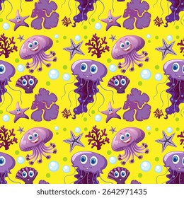 Playful sea life with jellyfish and starfish