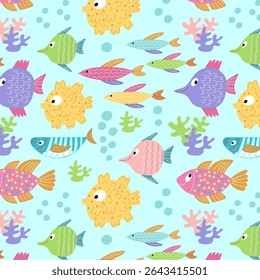 Playful sea life pattern with cute fish, corals, and plants in vibrant colors. Ideal for children’s wallpapers, textiles, or school materials.