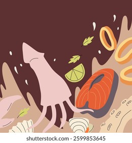 A playful seafood feast with squid, salmon, and lime splashes in warm earthy tones