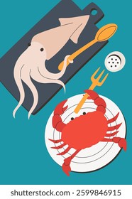 Playful seafood scene with a squid and crab ready for a meal