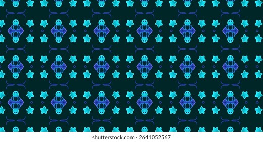 Playful sea-inspired abstract pattern featuring blue turtles and starfish on a dark background. Perfect for ocean themes. Keywords: pattern, turtle, sea, marine, abstract.