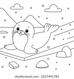 Playful seal pup sliding on ice outline coloring page. Christmas and Winter Illustration 